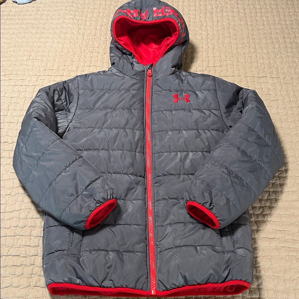 UNDER ARMOUR Youth Gray and Red Zipup Puffer Jacket